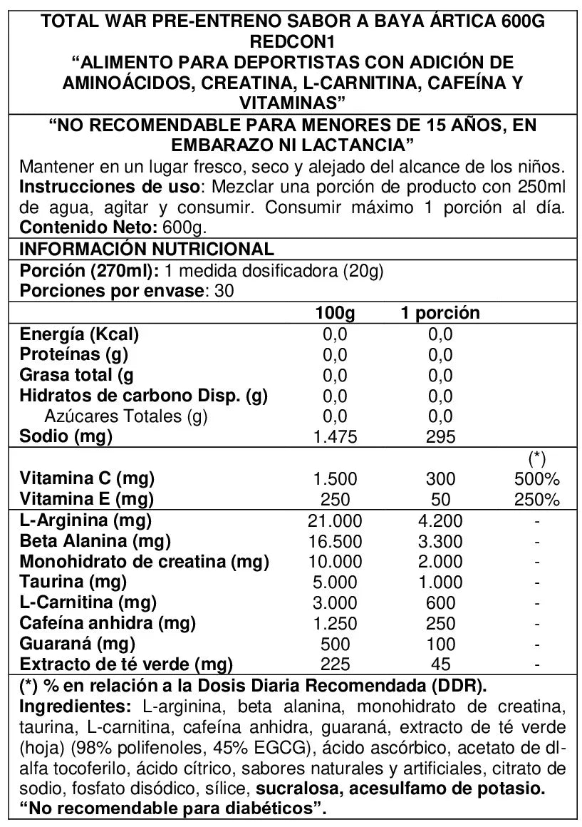 Pre entreno Total War Preworkout 600gr - Redcon1 Arctic Berry