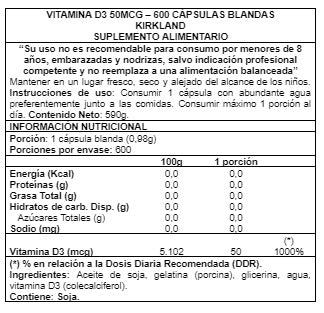 Vitamina D3 Vitamin D3 50 MCG 600 caps - Kirkland