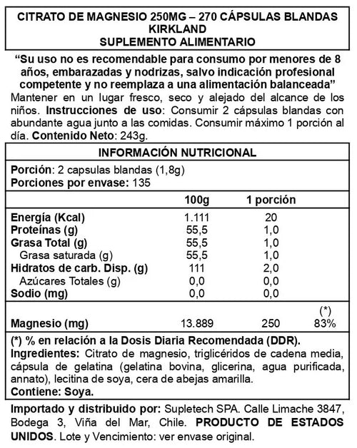 Citrato de Magnesio Magnesium Citrate 270 Softgels - Kirkland