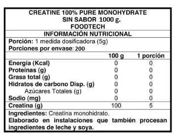Creatina Creatine 100% Pure Monohydrate 1kg - Foodtech